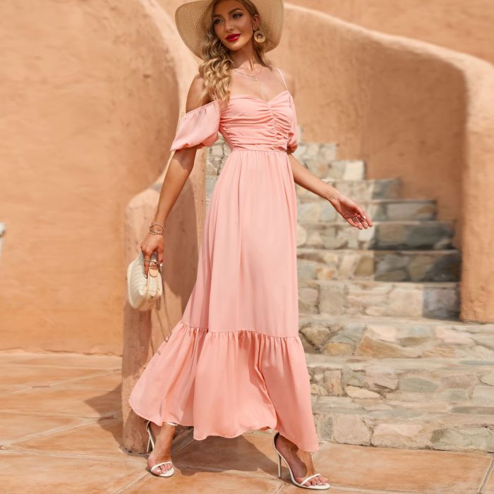 Sling Short Sleeve Pink Solid High Waist Fairy Maxi Dresses
