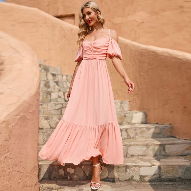 Sling Short Sleeve Pink Solid High Waist Fairy Maxi Dresses