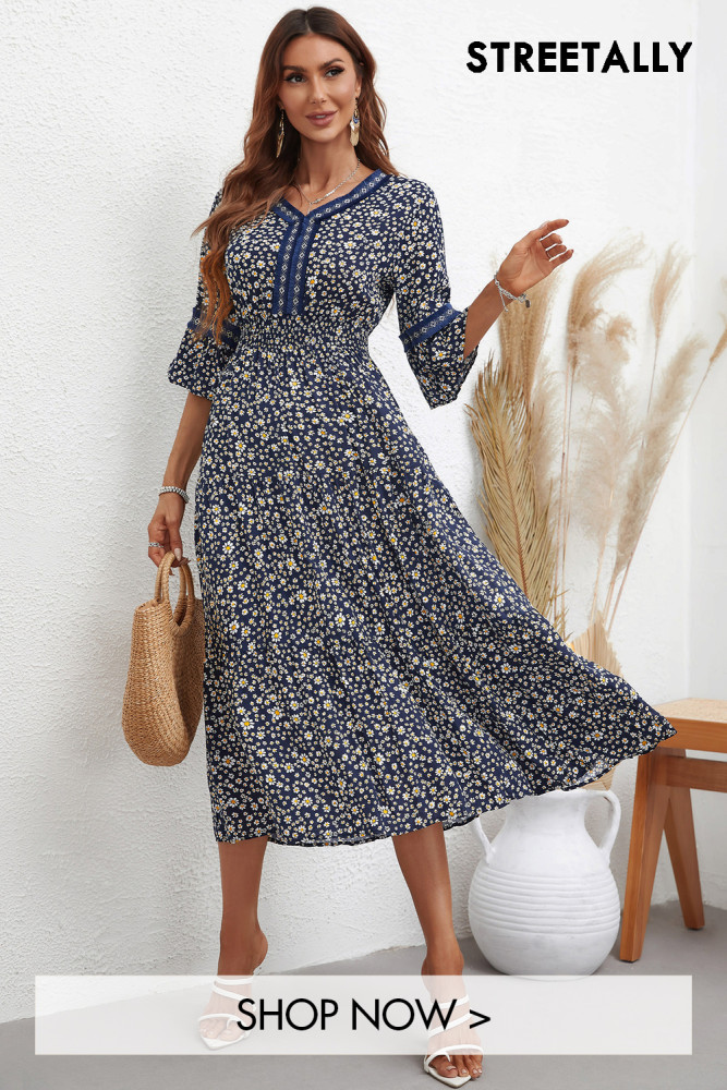 Fashion And Elegant Ladies Floral V-neck Half-sleeve Stitching Midi Dresses