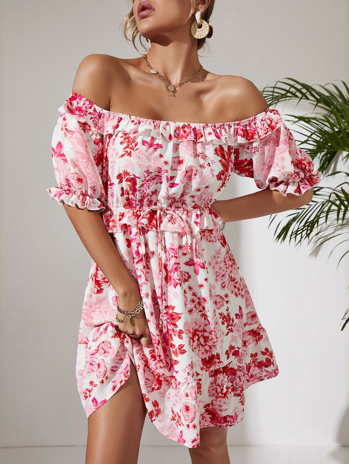 Fashionable Sweet Off the Shoulder Sexy One-Line Neck Bud Sleeves Casual Dresses
