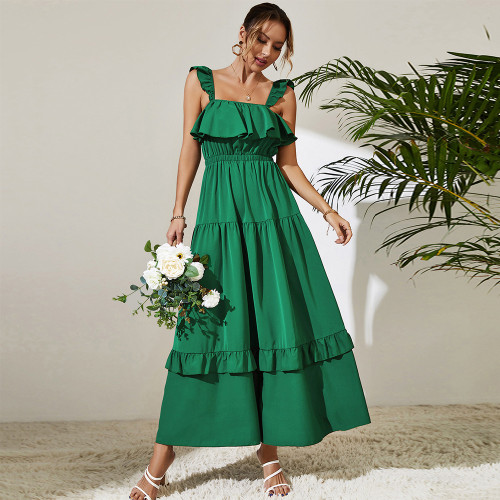 Fashion Slings Fungus Edge Solid Color Square Neck Sexy Maxi Dresses