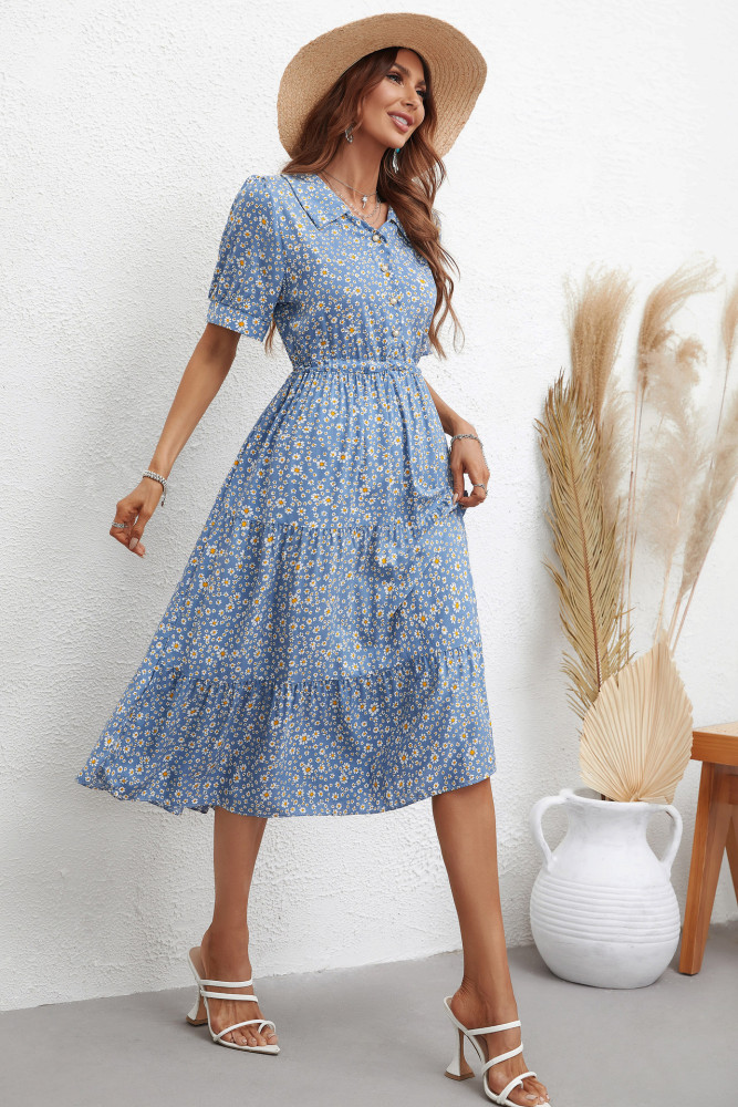 Resort Lapel High Waist Fashion Print Slim Short Sleeve Midi Dresses