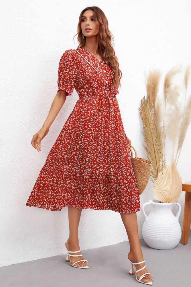 Elegant Balloon Sleeve V Neck Tie Fashion Print High Waist Midi Dresses