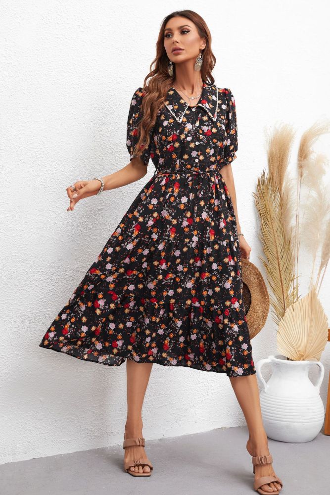 Lapel Half Sleeve Lace Up Fashion Floral High Waist Midi Dresses