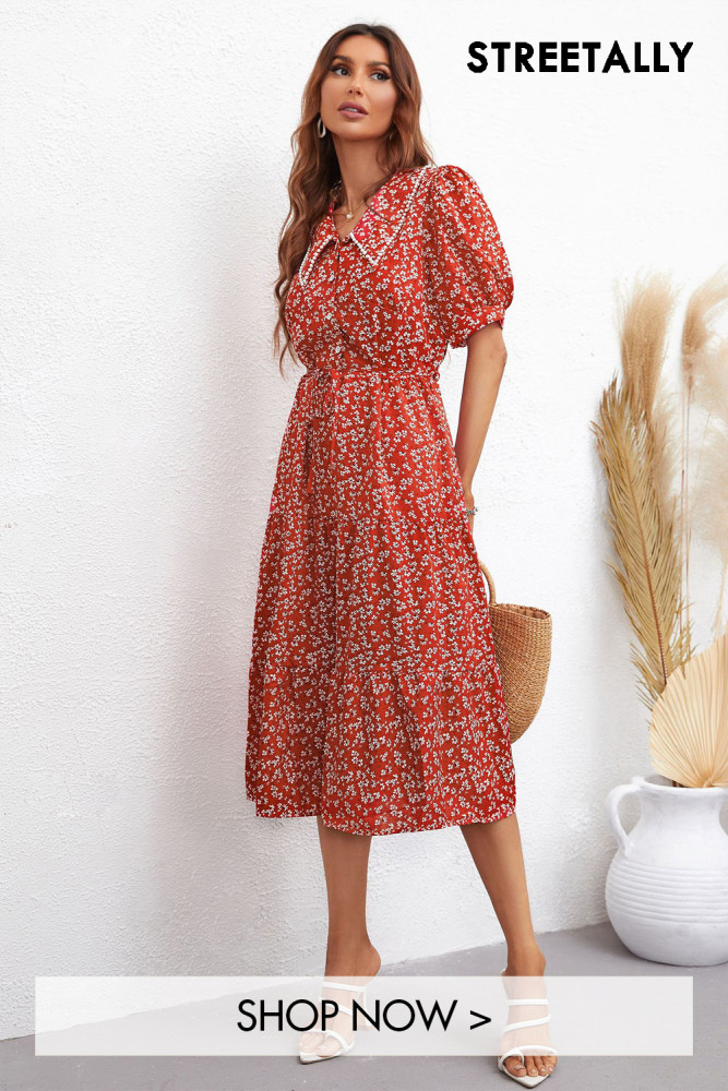 Elegant Balloon Sleeve V Neck Tie Fashion Print High Waist Midi Dresses