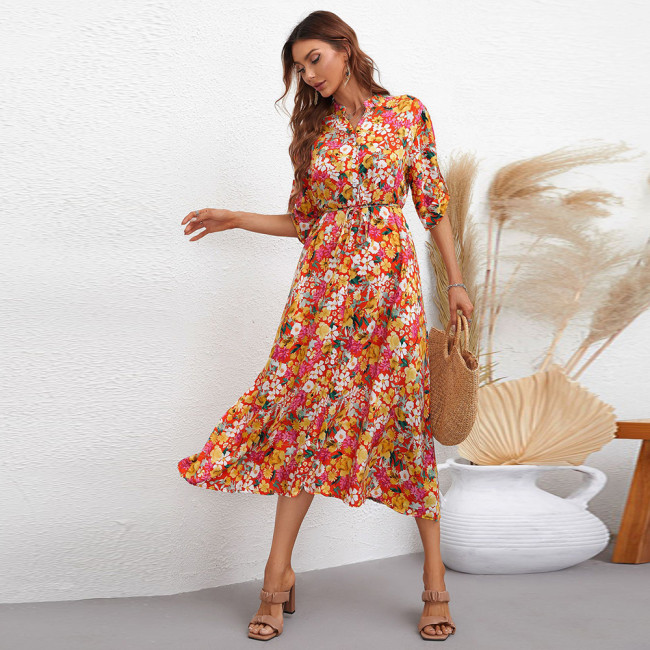 Elegant V-Neck Tie Fashion Short Sleeve Print Midi Dresses