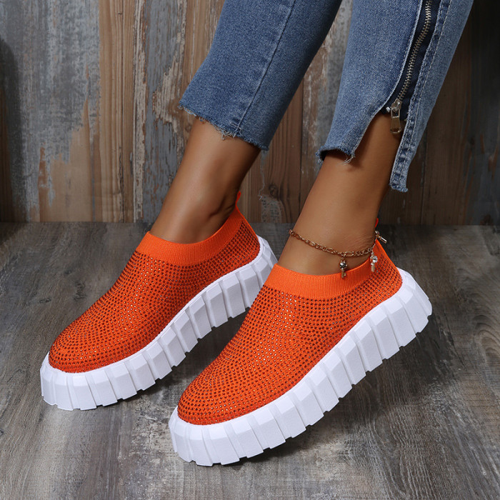 Large Size Thick Bottom Rhinestone Mesh Breathable Casual Sneakers