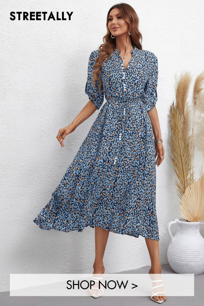 Half Sleeve V Neck Tie Fashion Print Casual Midi Dresses