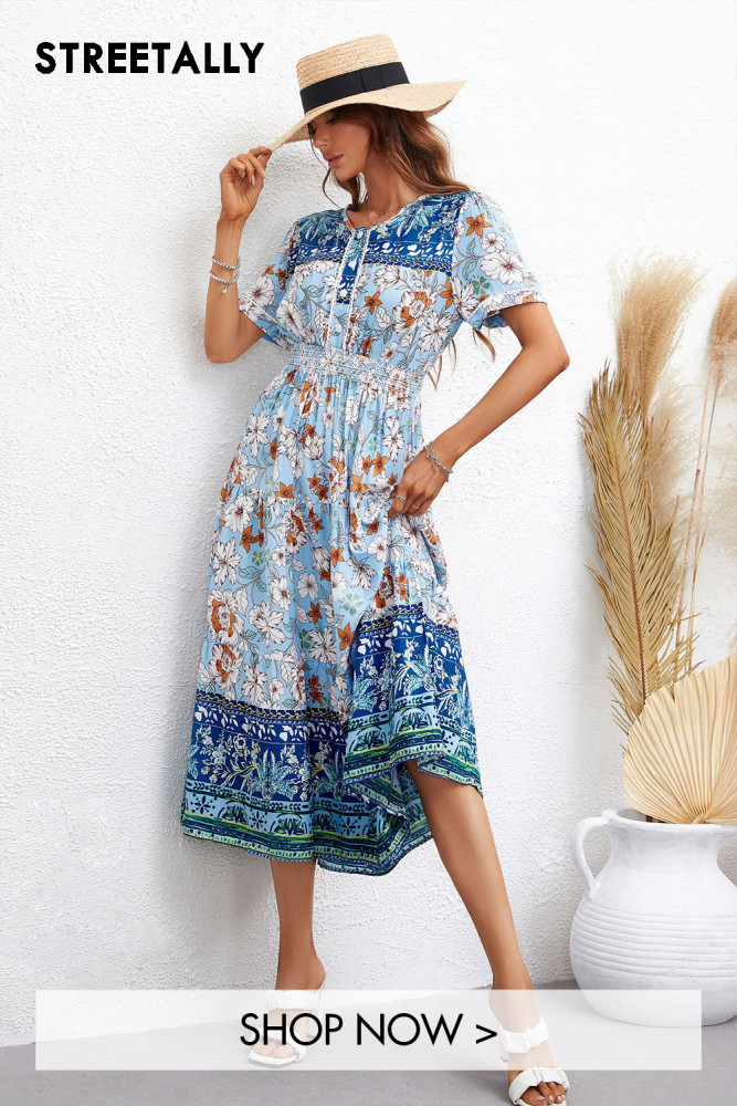 Trendy Resort V-Neck High Waist Short Sleeve Print Midi Dresses
