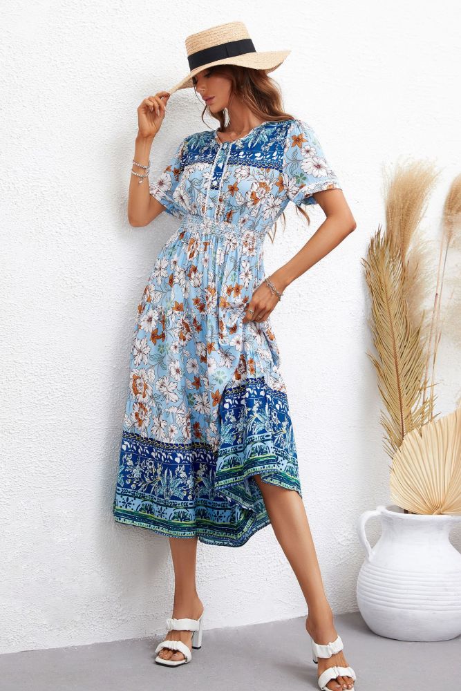 Trendy Resort V-Neck High Waist Short Sleeve Print Midi Dresses
