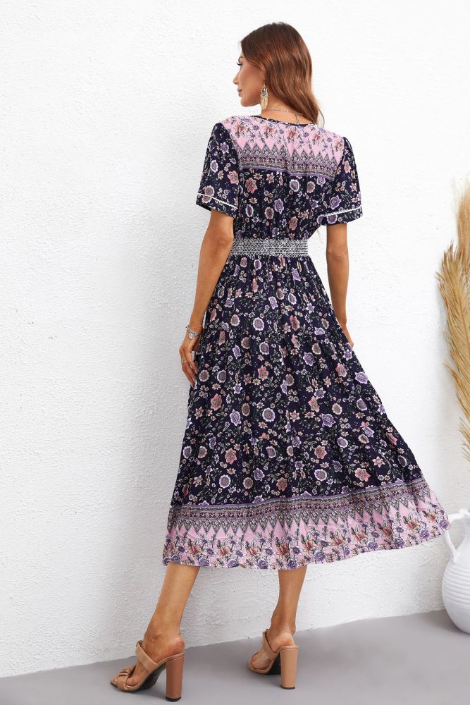 Boho V-Neck High Waist Fashion Short Sleeve Print Midi Dresses