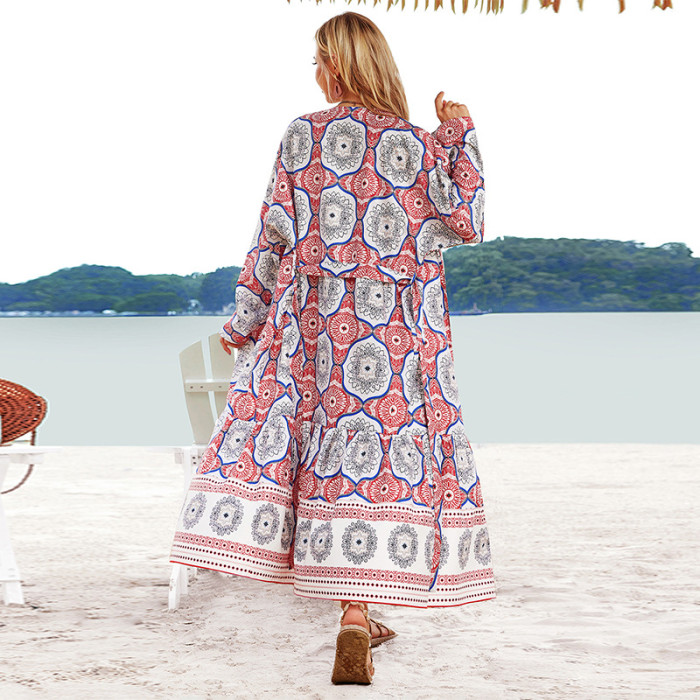 Printed Long Sleeve Cardigan Sun Protection Casual Fashion Beach Cover Ups