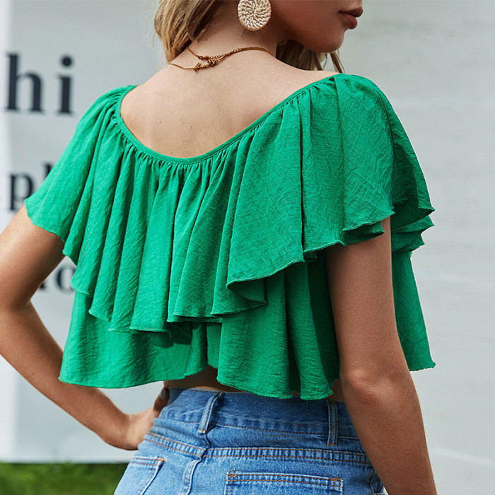 Solid Color Crew Neck Pleated Irregular Show Belly Sexy Short Blouses & Shirts
