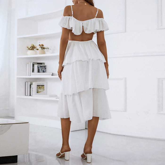 Sexy White Sling Backless High Waist Midi Dresses
