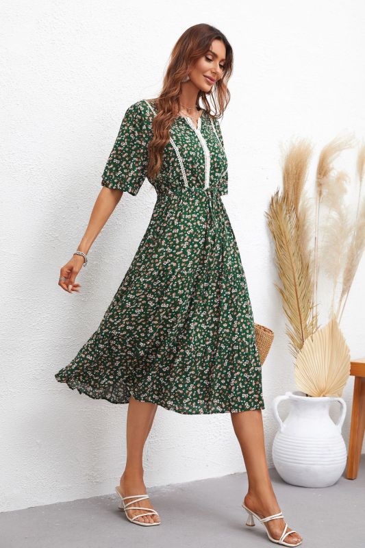 V-Neck Small Floral Fashion Print Slim Fit Midi Dresses