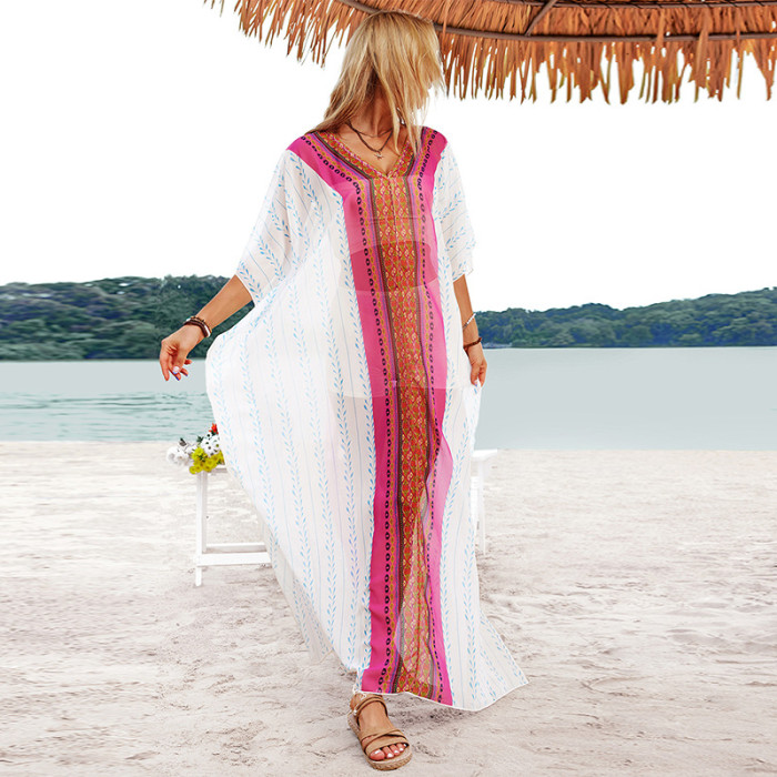 Boho Casual Mid Sleeve Ladies V Neck Beach Cover Ups