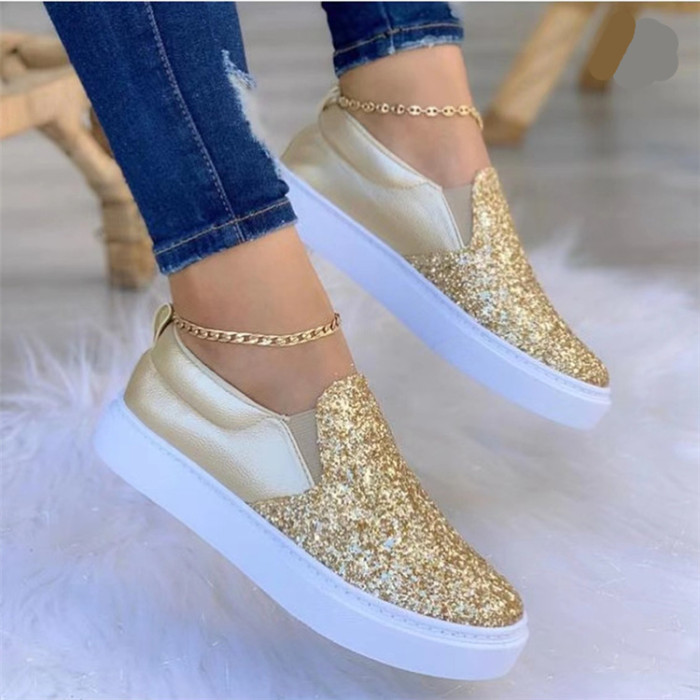 Plus Size Slip On Leather Casual Flat Sequined Breathable Sneakers
