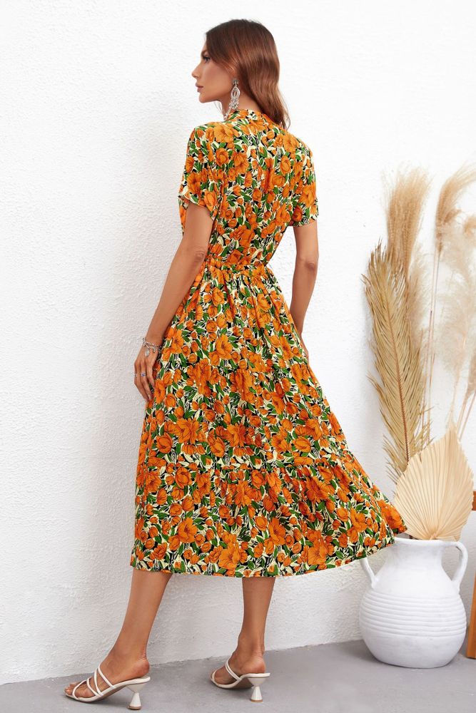 Elegant Resort Style V-Neck Short Sleeve Printed Women Midi Dresses