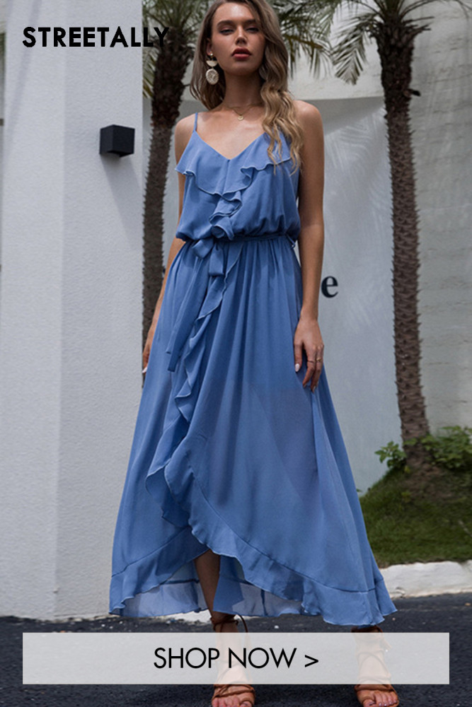 Solid Color Sling V-Neck High Waist Open Back Casual Irregular Slit Maxi Dresses
