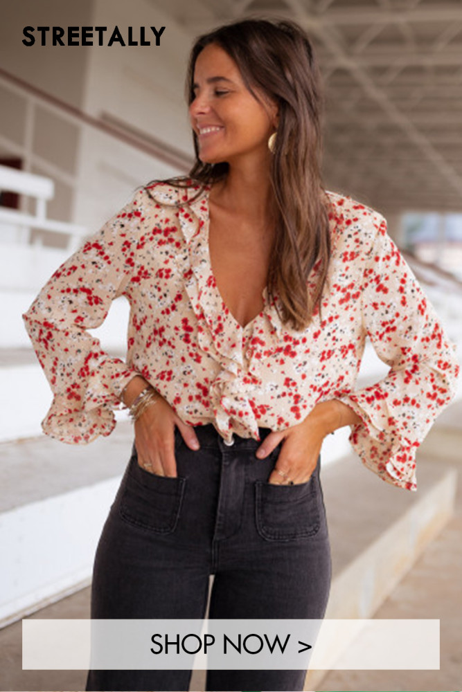 V-Neck Chiffon Top with Floral Fungus Blouses & Shirts