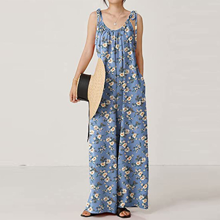 Printed Sling Loose Crew Neck Casual Jumpsuits