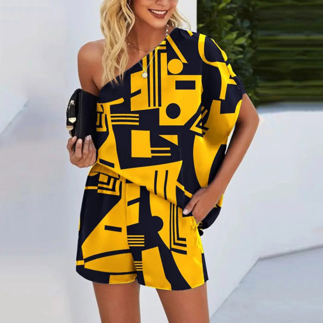 Printed Diagonal Neck Sexy Off-the-shoulder Loose Two-piece Outfits