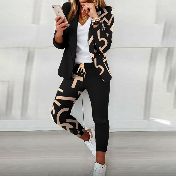 Printed Fashion Long Sleeve Lapel Suit Casual Two-piece Outfits