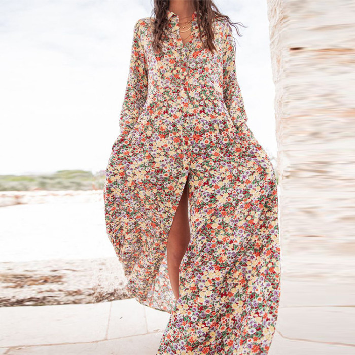 Floral Temperament Premium Print Lapel Long Sleeve Maxi Dresses