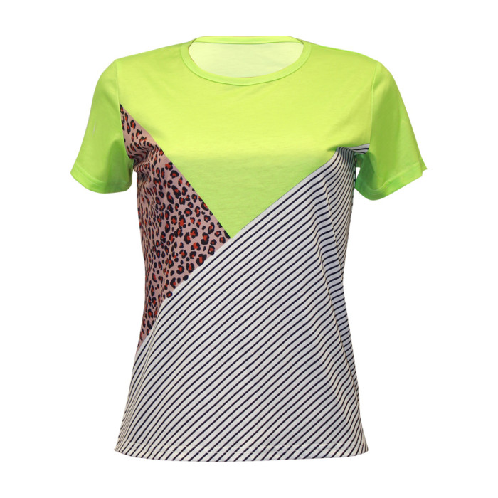 Printed Round Neck Short Sleeve Panel Casual Ladies Top T-Shirts