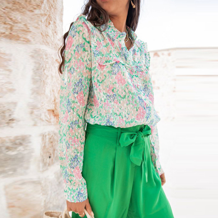 Long Sleeve Chiffon Loose Floral Pattern Fashion Top Blouses & Shirts