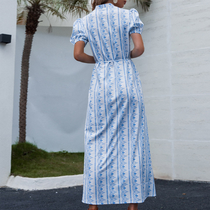 V-Neck Short Sleeve Casual High Waist Print Blue Women Maxi Dresses