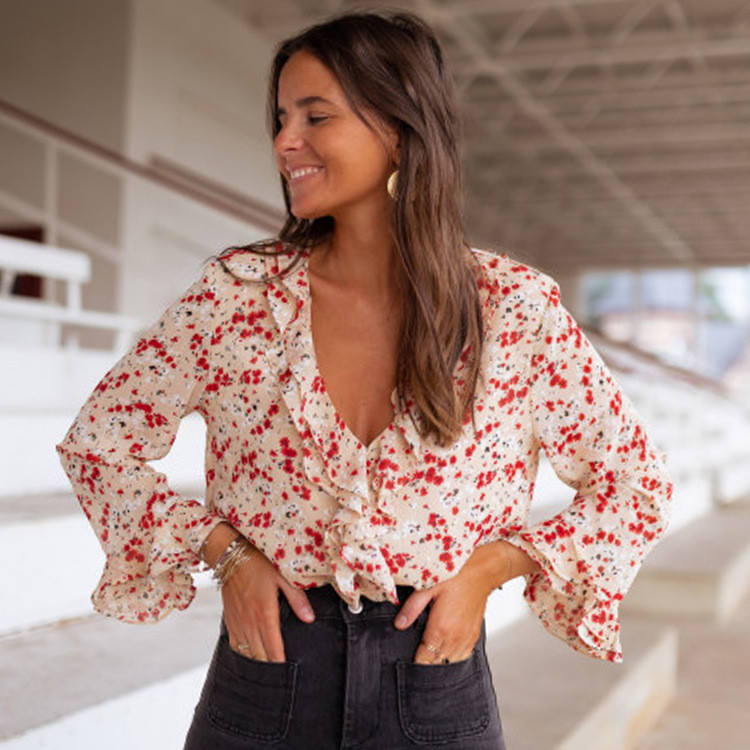 V-Neck Chiffon Top with Floral Fungus Blouses & Shirts