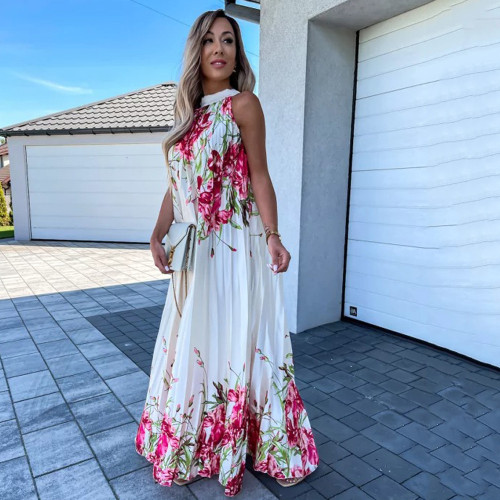 Elegant Fashion Print Halter Sleeveless Pleated Maxi Dresses