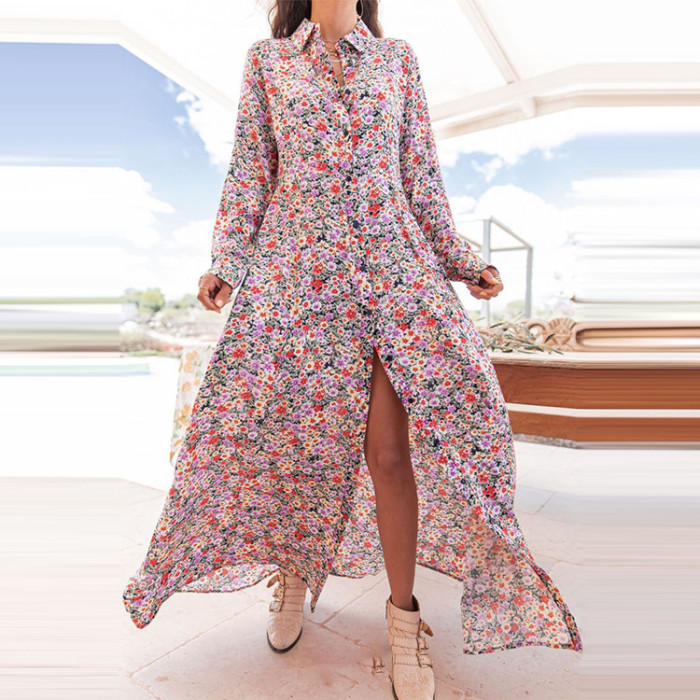 Floral Temperament Premium Print Lapel Long Sleeve Maxi Dresses