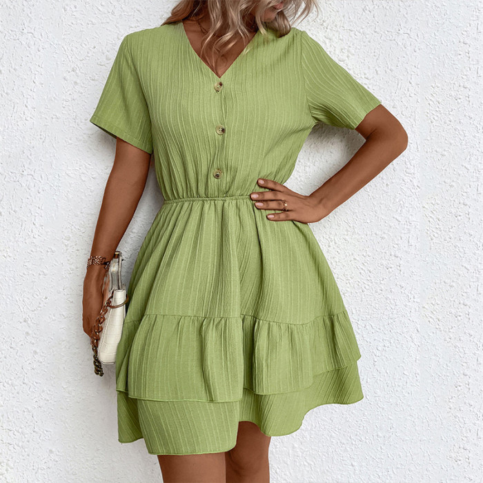 V-Neck Single Breasted Short Sleeve High Waist Solid Casual Dresses