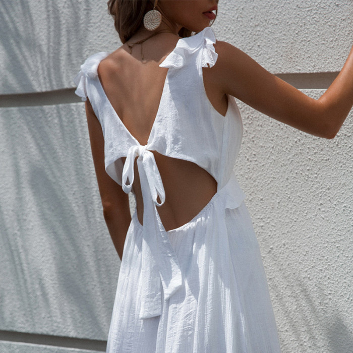 Casual White V-Neck Sexy Backless Bow Slit Maxi Dresses
