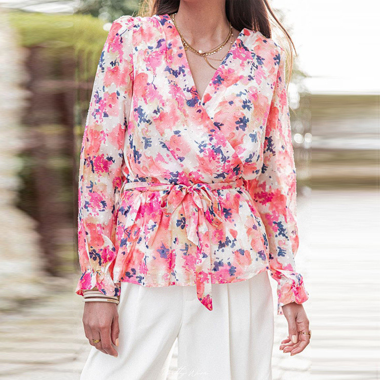 Deep V Neck Chiffon Top Women's Waist Floral Blouses & Shirts