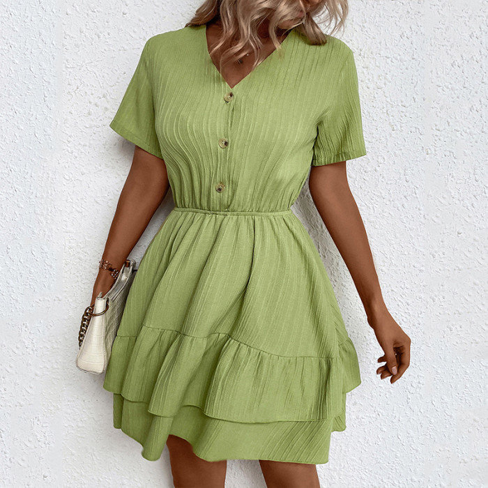 V-Neck Single Breasted Short Sleeve High Waist Solid Casual Dresses