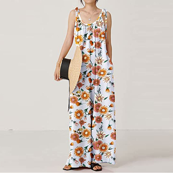 Printed Sling Loose Crew Neck Casual Jumpsuits