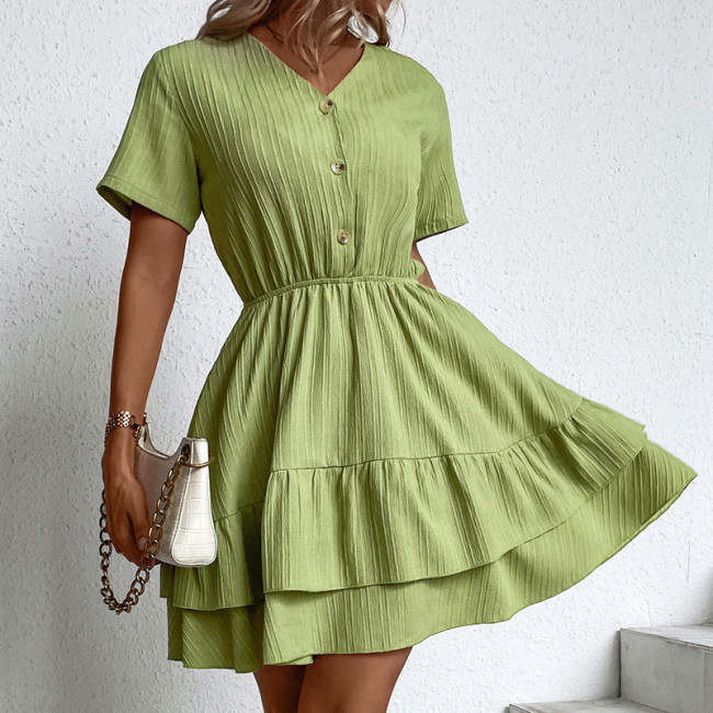 V-Neck Single Breasted Short Sleeve High Waist Solid Casual Dresses