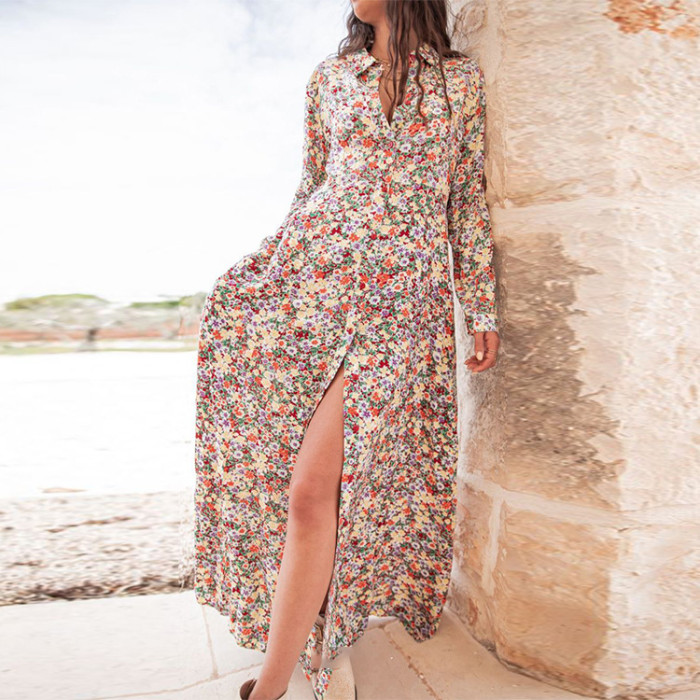 Floral Temperament Premium Print Lapel Long Sleeve Maxi Dresses
