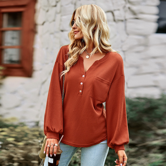 Knit Loose Solid Casual V-Neck Long Sleeves Blouses & Shirts