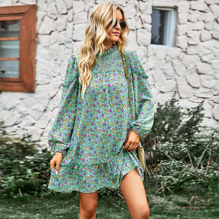 Fashion Loose Floral Neck Waist Crew Neck Fungus Casual Dresses