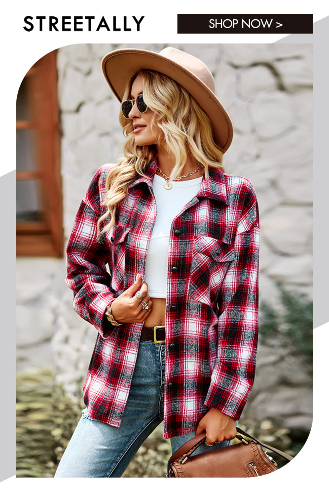 Casual Fashion Single Breasted Check Long Sleeve Lapel Blouses & Shirts