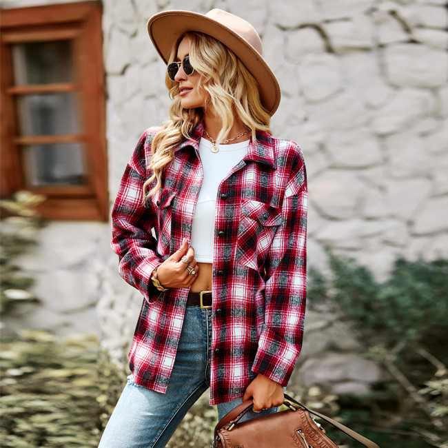 Casual Fashion Single Breasted Check Long Sleeve Lapel Blouses & Shirts