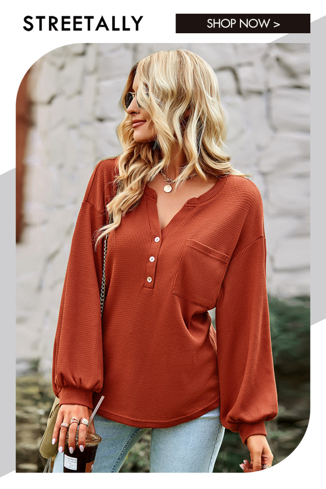 Knit Loose Solid Casual V-Neck Long Sleeves Blouses & Shirts