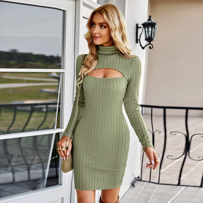 Solid Long Sleeve Open Knit Turtleneck Bodycon Dresses