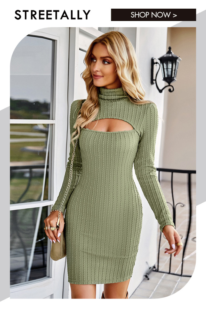 Solid Long Sleeve Open Knit Turtleneck Bodycon Dresses