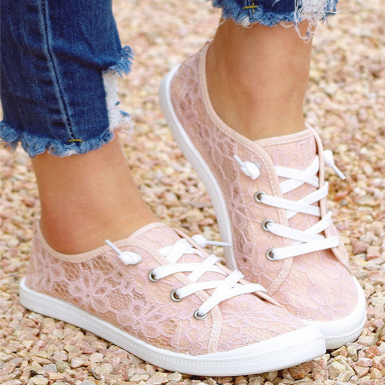 Casual Shallow Lace Pink Breathable Large Round Toe Canvas Shoes