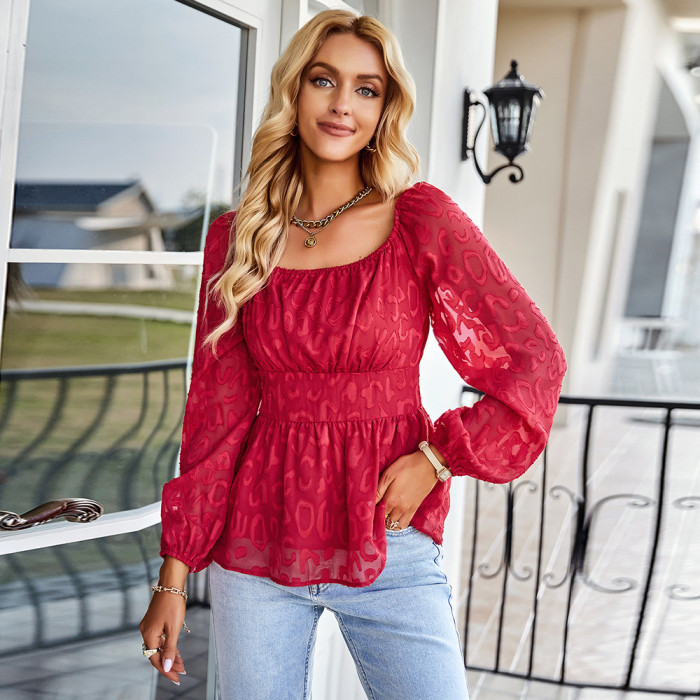 Elegant Square Neck Chiffon Waist Solid Color Long Sleeves Blouses & Shirts